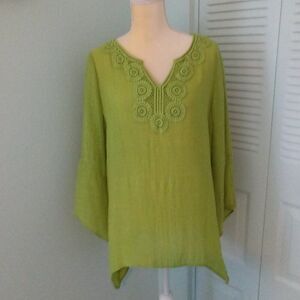 COUNTERPARTS XL TUNIC CROCHET ACCENT 3/4 BELL SLEEVES SHARK BITE HEM LAGENLOOK